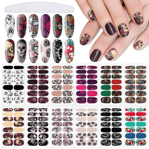 Maitys 168 Pcs Halloween Goth Full Wrap Nail Stickers, 12 Sheets Skull Self Adhesive Nail Polish Strips for Women DIY