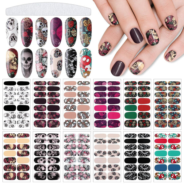 Maitys 168 Pcs Halloween Goth Full Wrap Nail Stickers, 12 Sheets Skull Self Adhesive Nail Polish Strips for Women DIY