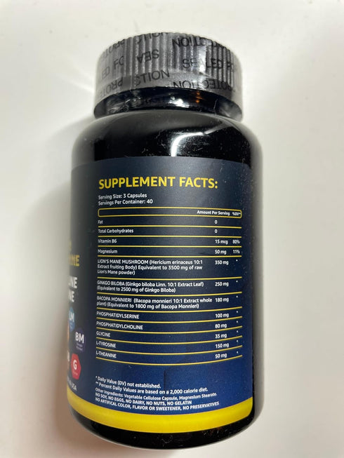 Organic Lions Mane Supplement Capsules - 120 Capsules with Ginkgo Biloba, Bacopa Monnieri for Brain Support