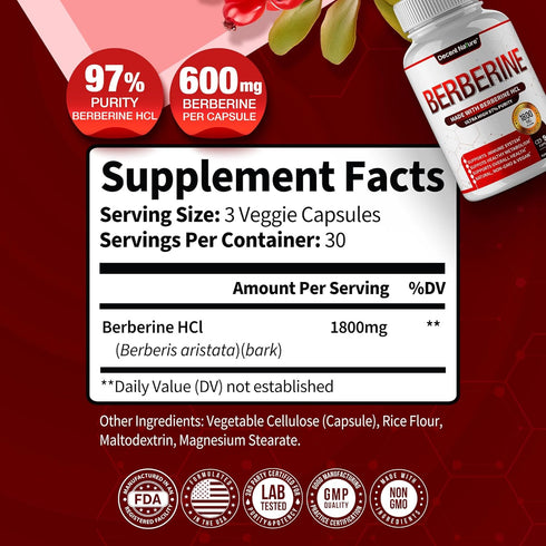 Berberine Supplement 1800mg - Premium Berberine HCl 97% High Purity Berberine Plus, Supports Immune System, High Potency Berberine Hydrochloride, Non-GMO Vegan, for Men Woman 90 Capsules