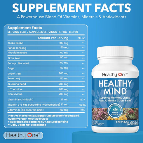 Healthy Mind - Safe for Teens, Cognitive Function, Concentration, Focus, Mood, 60 Count