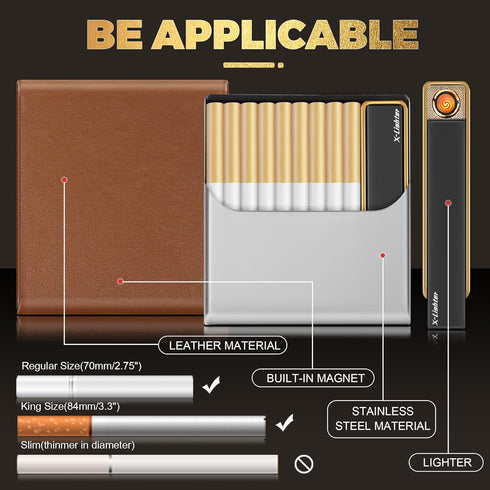 X-LIGHTER Cigarette Case with Lighter, Smell Proof Ultra Slim Leather Holder for 84MM King Size Cigarettes, Business