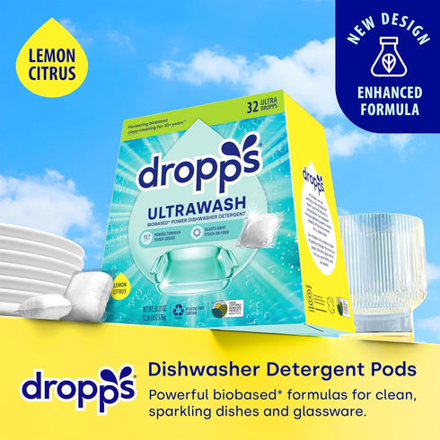 Dropps UltraWash Dishwasher Pods, Lemon Citrus (32 Count) - Biobased Power Deep Clean Detergent Tablets