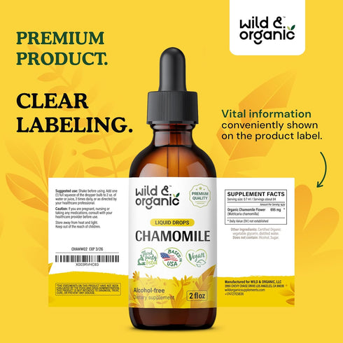 Organic Chamomile Flower Supplement - Vegan, Alcohol-Free Liquid Extract - 2 fl oz Drops