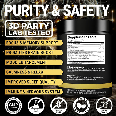 Gummies Gummies High Strength Extract Organic Lion's Mane Mushroom with Ashwagandha & L-Theanine - Potent Lion's Mane
