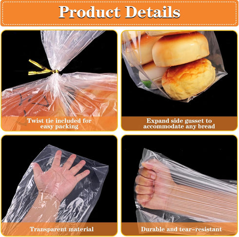Reastar 100 100 Bread Bags with Ties, Clear Bread Bags for Homemade Bread and Ties, Adjustable Reusable Plastic Bread