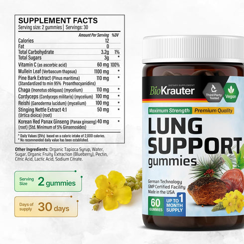 BIO KRAUTER Lung Detox Gummies - 60 Vegan Chews, Lung Cleanse Supplement with Vitamin C & Mullein Leaf Blend for