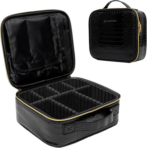 Not Made In China Makeup Bag Travel Organizer, Small Crocodile Cosmetic Case with Adjustable Dividers for Beauty Artists