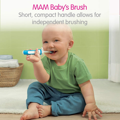 MAM Learn to Brush Set (1 Baby's Brush Toothbrush, 1 Training Brush, 1 Safety Shield) for Boys 5+ Months, Blue