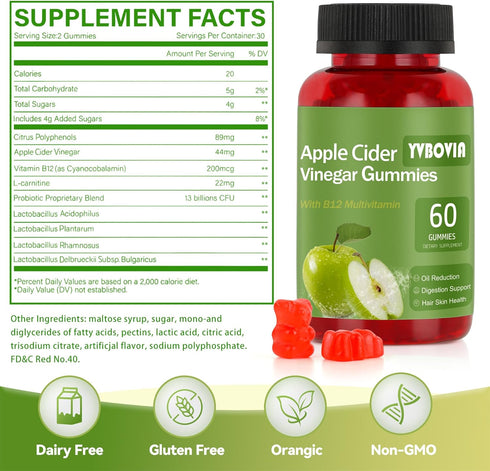 Yvbovia Gummies B12, Gummy (60) Apple Cider Vinegar with ACV Supplement Vitamins,Gluten Free, Vegan, Non-GMO
