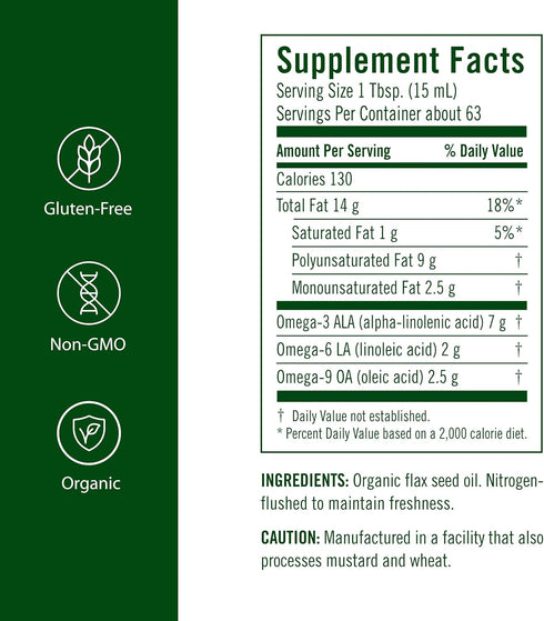 Omega-3 Omega-6 32 oz. Flora - Flax Oil - Cold-Pressed, Unrefined, Organic Flax Seed Oil - Contains & - Non-GMO