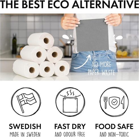 SUPERSCANDI 10 Pack Swedish Dishcloths for Kitchen - 100% Biodegradable & Compostable, Washable, Food-Safe, Grey