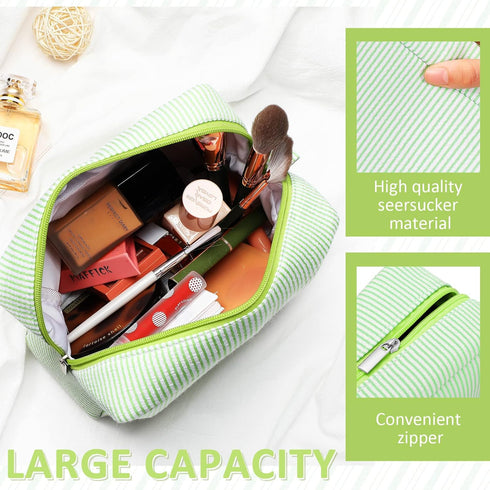 Sanwuta 3 Pack Seersucker Makeup Bag, Cute Stripe Cosmetic Pouch Gifts for Women and Girls (Pink, Blue, Green)