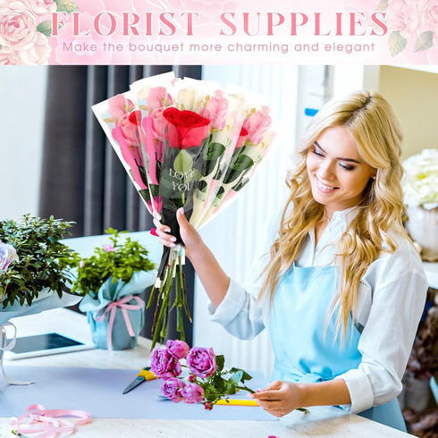 Chiisong 300 Pcs Single Flower Sleeves, Father's Day Plastic Wrapping with 6 Ribbon for Florist Supplies (White, Black,