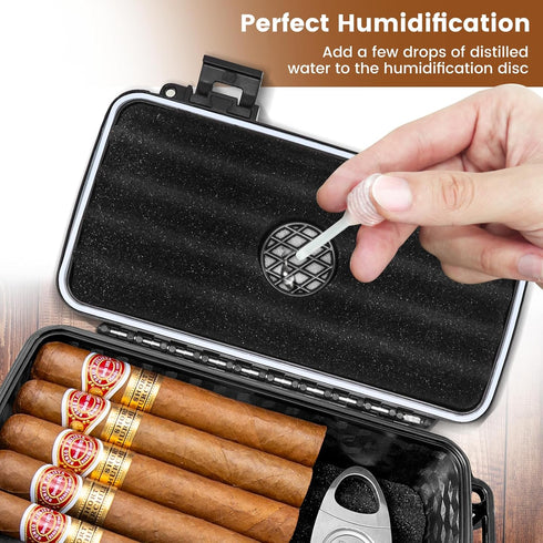 Flauno Travel Cigar Humidor - Portable Cigar Case Kit with Lighter (Without Gas), Cutter, Holder, Humidifier & Dropper,