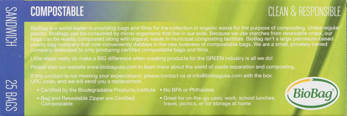 BioBag 100% Certified Compostable Resealable Sandwich Bags, 25 Count, Perfect for Lunches