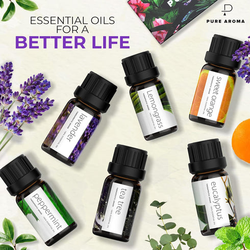 Pure Aroma Essential Oils Set, Top 6 Aromatherapy Oils Gift Set, 10ml (6 Pack)