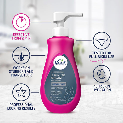 VEET Professional Hair Removal Cream, 2 Minute Formula for All Skin Types with Shea Butter | 13.5 FL OZ Bottle