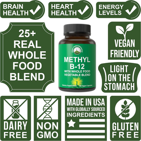 Methyl B12 Vitamin + Whole Food Blend – Vegan Supplement for Energy, Focus, and Relief, 30 Day Supply Capsules