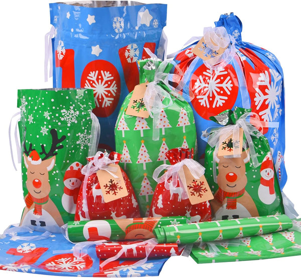 Christmas Gift Bags Assorted Sizes, 22pcs Drawstrings Reusable Plastic Holiday Gift Bags for Presents Wrapping