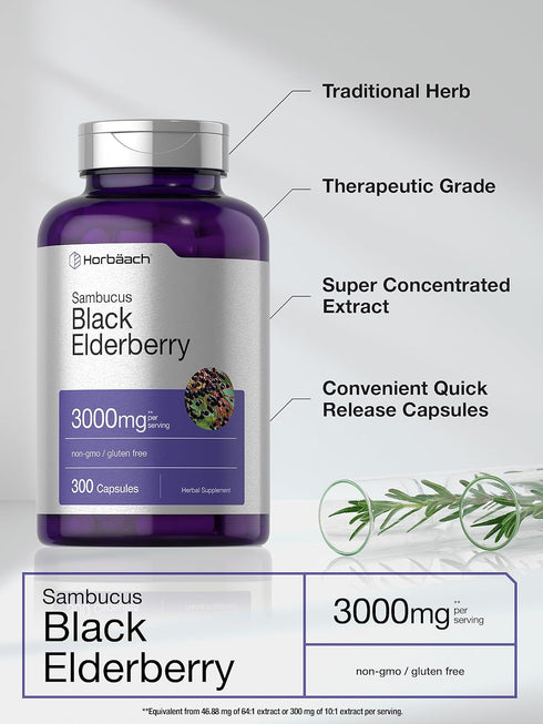 Horbaach Black Elderberry | 3000mg Capsules | 300 Count | Non-GMO, Gluten Free Sambucus Supplement