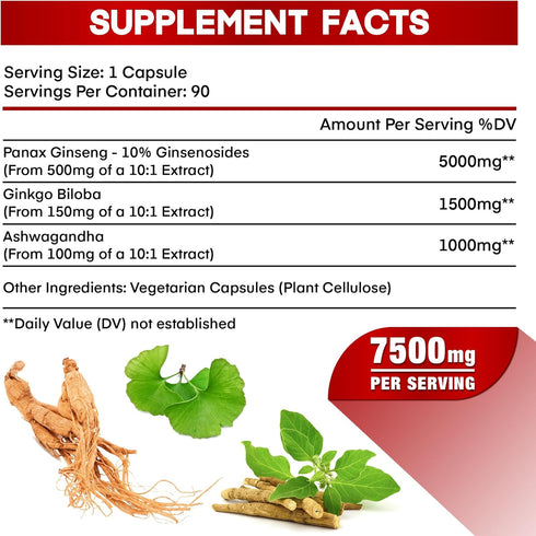 Korean Red Panax Ginseng 7500mg with Ginkgo Biloba & Ashwagandha - Energy, Memory & Immune Support Supplement - 90