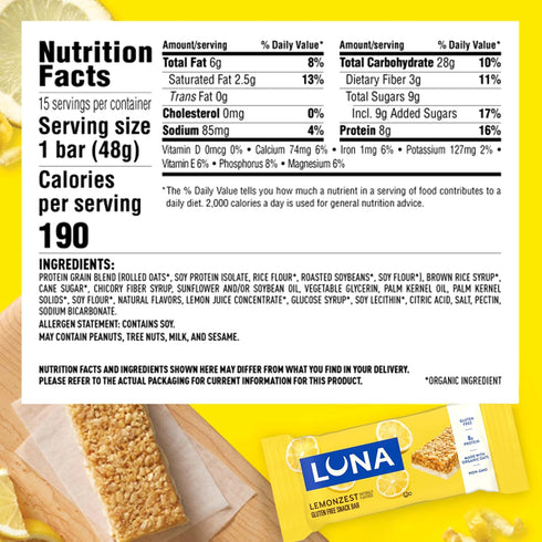 Pack (12 Pack) LUNA Bar - LemonZest Flavor - Gluten Free Snack Bars - Non-GMO - Protein Bars - Made with Organic Oats