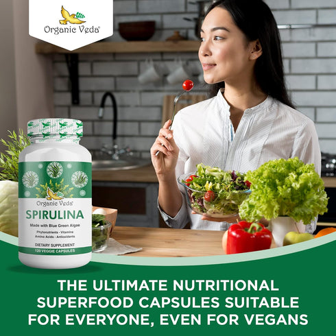 Organic Veda - Spirulina Capsules Made with Blue Green Algae - 120 Veggie Capsules for Immune System Support