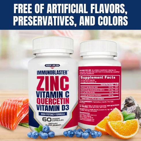 ImmunoBlaster Zinc Quercetin 500mg with Vitamin D and C, Antioxidant Immune Support Supplement for Men and Women - 60