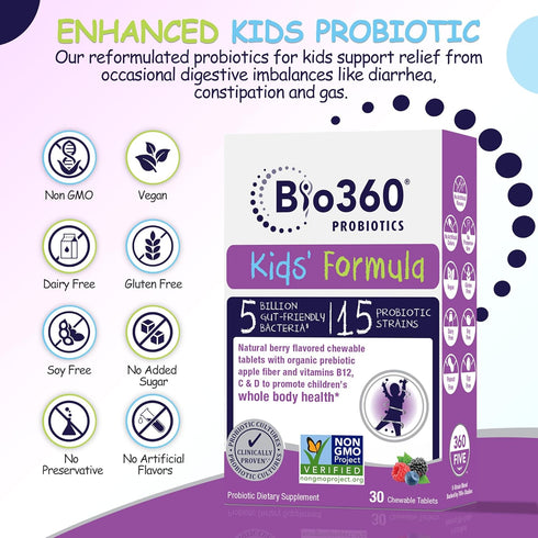 Kids Probiotic Supplement, Daily Support for Gut, Immune, Brain & Whole Body Health, 15 Strains, 5 Billion CFU, 30