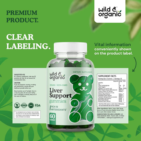 Wild & Organic Liver Support Gummies - 60 Vegan Milk Thistle, Dandelion Root Extract for Detox