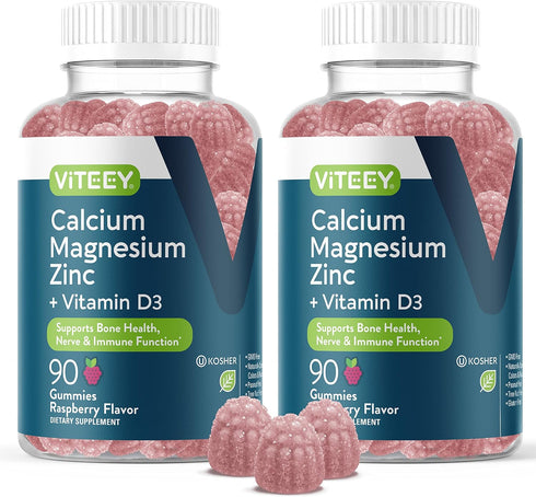 Calcium Magnesium Zinc Gummies with Vitamin D3 - Supports Bone Health, Nerve & Immune Function - Raspberry Flavored
