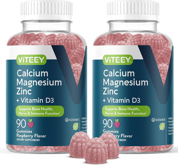 Calcium Magnesium Zinc Gummies with Vitamin D3 - Supports Bone Health, Nerve & Immune Function - Raspberry Flavored