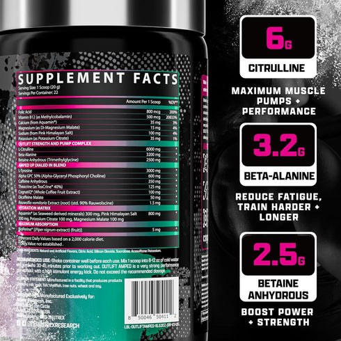 OUTLIFT Amped Max Dosed HIGH STIM Pre Workout Powder, 6G Citrulline, 3.2G Beta Alanine, Strawberry Watermelon (22