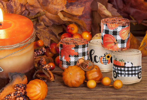 Whaline 30 Yard Fall Thanksgiving Wired Edge Ribbon, Buffalo Plaids, Autumn Leaves