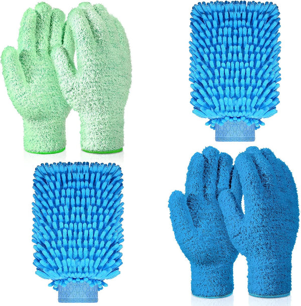 6 Pcs Microfiber Dusting Mitt Gloves, Washable Car Wash Mitt for Cleaning, Blue and Green
