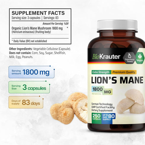 Lions Mane Supplement Capsules - Vegan, Organic Lion’s Mane Mushroom for Cognitive Function | 3 Months Supply