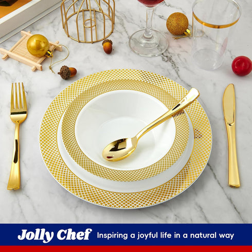 JOLLY CHEF 50 Plastic Bowls with Gold Rim, 12oz Disposable Soup Bowls, Premium Heavy Duty Disposable Dinner Bowls Reusable and Great for Parties, Everyday Use, Catering, Weddings by JOLLY CHEF