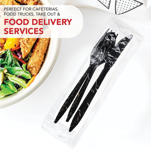 Party Essentials Individually Wrapped Plastic Cutlery Packets, 50 Sets of Black Forks, Spoons, Knives, Napkins