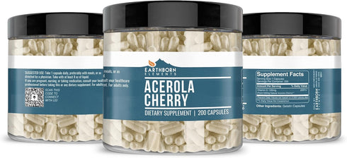 Earthborn Elements Acerola Cherry 200 Capsules, Pure & Undiluted Herbal Supplement, No Additives