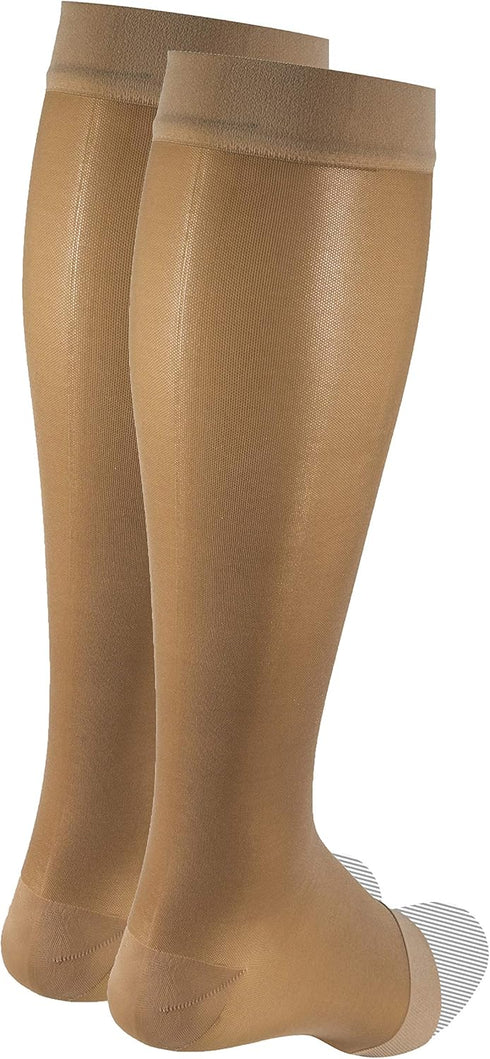 Truform Sheer Compression Stockings, 15-20 mmHg, Women's Knee High Length, Open Toe, 20 Denier, Beige, Large