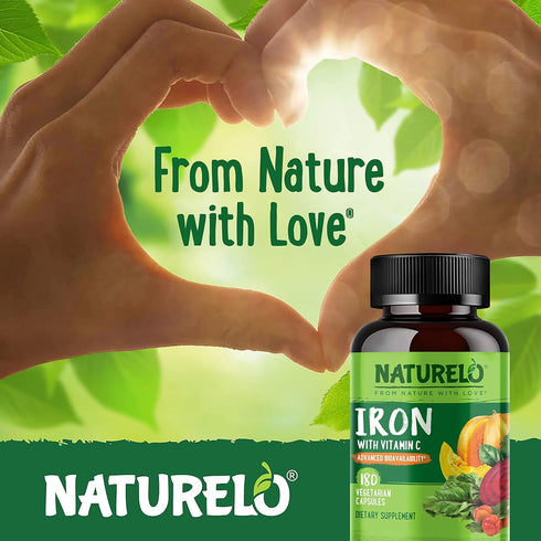 NATURELO Vegan Iron Supplement with Vitamin C and Organic Whole Foods - Gentle Iron Pills for Women & Men, 180 Mini