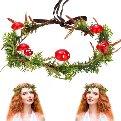 MOSTORY Green Elf Mushroom Crown, Fairy Woodland Floral Headpiece for Women and Girls