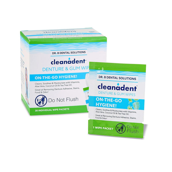 Dr. B Dental Solutions Cleanadent Wipes, Convenient Denture Cleaning Wipes, Refreshes Gums, 30 Pack