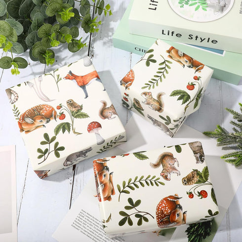 AnyDesign Woodland Wrapping Paper 28'' x 40'', Vintage Forest Animal Plant Gift Wrap Paper for Birthday Baby Shower