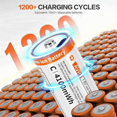 TEMIBATT 1.5V 4100mWh Pack 8 Count, Rechargeable C Batteries Li-ion Battery - High Capacity for Toys, Flashlights