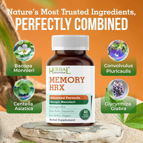 Herbal Destination 60 Memory Hrx - Brain Supplement Support Cognitive Function Improves Memory and Focus, Brain
