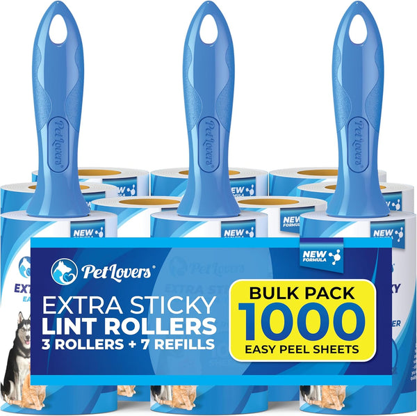 PetLovers Extra Sticky Lint Roller Bulk Set, 3 Rollers 7 Refills, 1,000 Sheets for Pet Hair Removal and Grooming