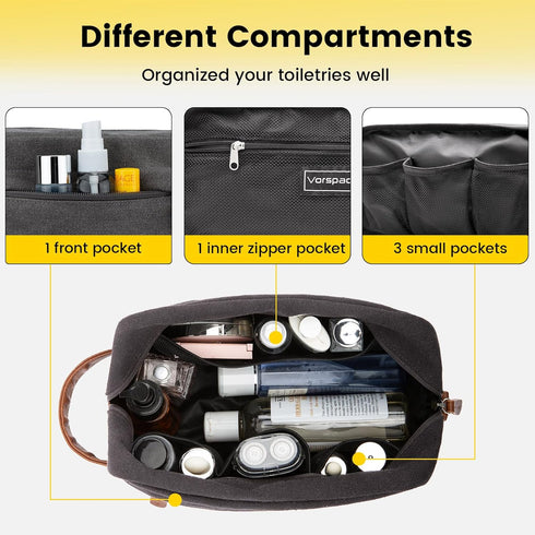 Vorspack Dark Grey Toiletry Bag Hanging Dopp Kit for Men, Water Resistant Canvas Shaving Bag with Large Capacity