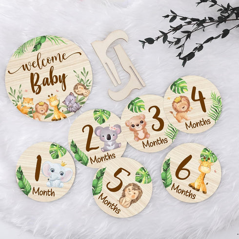 Wooden Baby Monthly Milestone Cards Double Sided Baby Birth Announcement Sign, Hello World Milestone Sign Discs